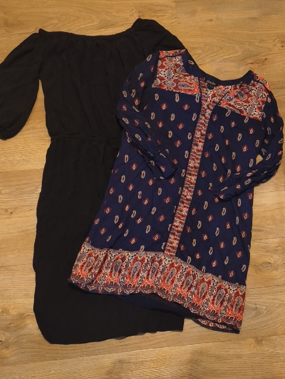 Navy Paisley Boho Tunic Dress with Red Accents And Black Midi Dress
